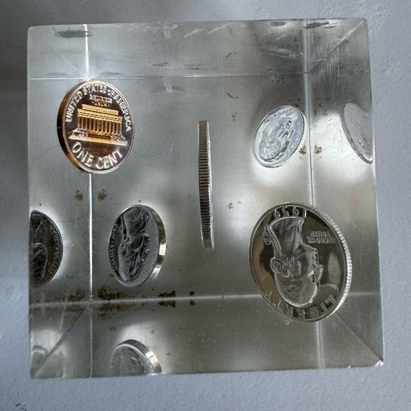 Vintage 1959 Floating Pop Art Lucite Clear Proof Coins Cube - Picture 4 of 11